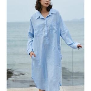 Cozinen Long Sleeve Midi Shirt Dress Half Button Front Loose Fit Blue Womens XL
